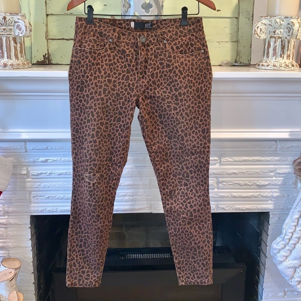 KUT DONNA Ankle Skinny Brown Leopard Print Distressed Jeans 6